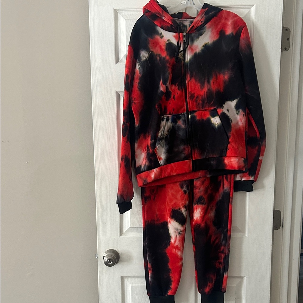Red and Black Tie-Dye Hoodie and Joggers Set